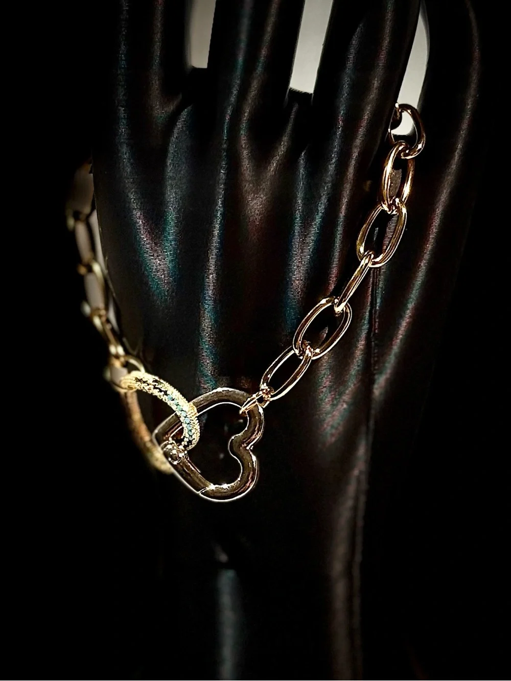 Gold Heart Link Bracelet with Zircon Accents